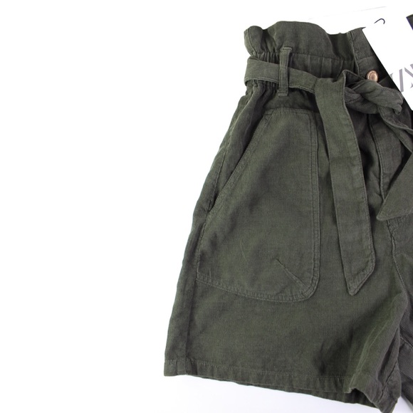 Zara NWT Baggy Paperbag Corduroy Green Tie Shorts 32/ 00 - Picture 7 of 12